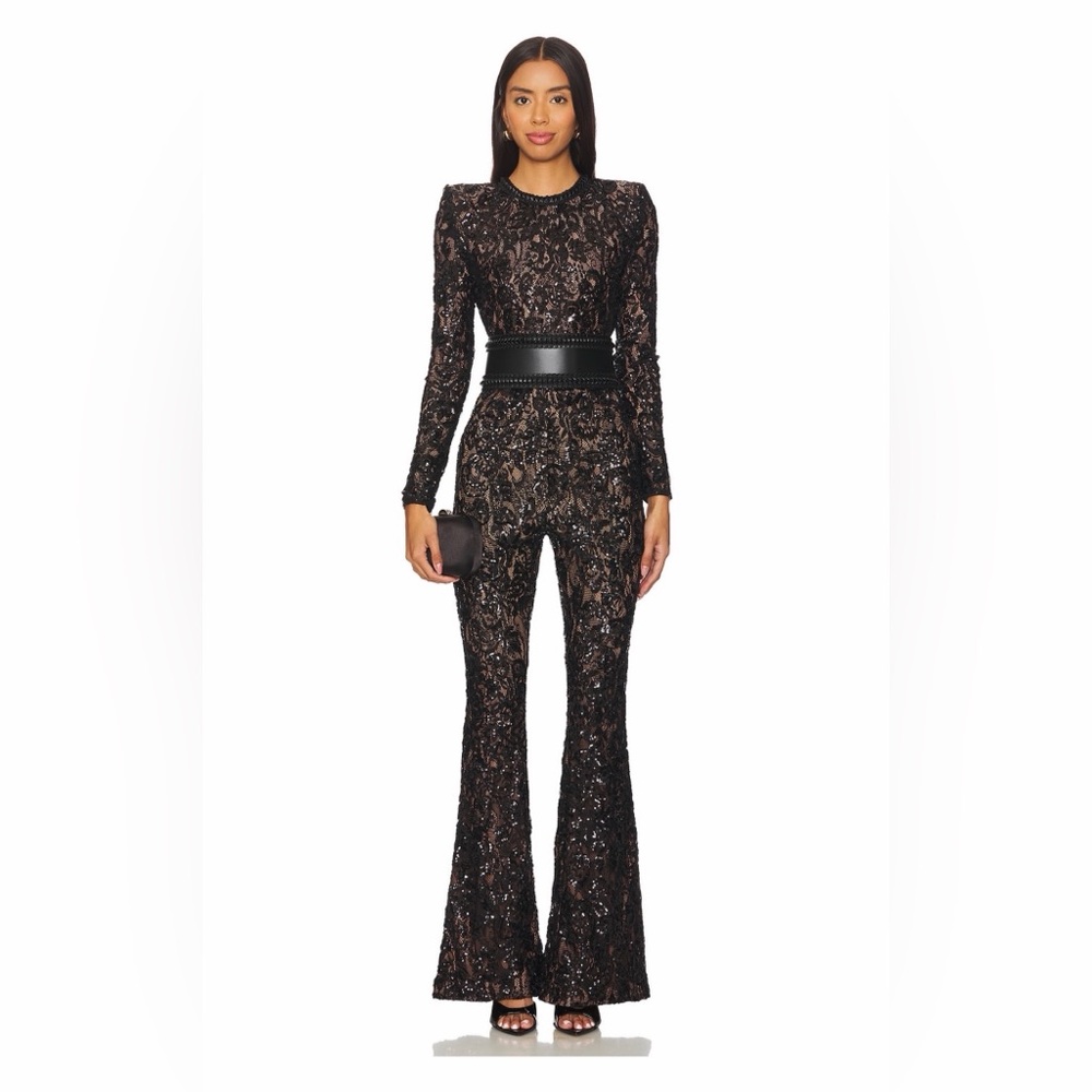 SOLD Nadine Merabi Elegant Black Lace Jumpsuit